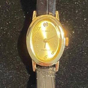 Timex Women's Diamond Gold Tone Watch With Black Leather Strap